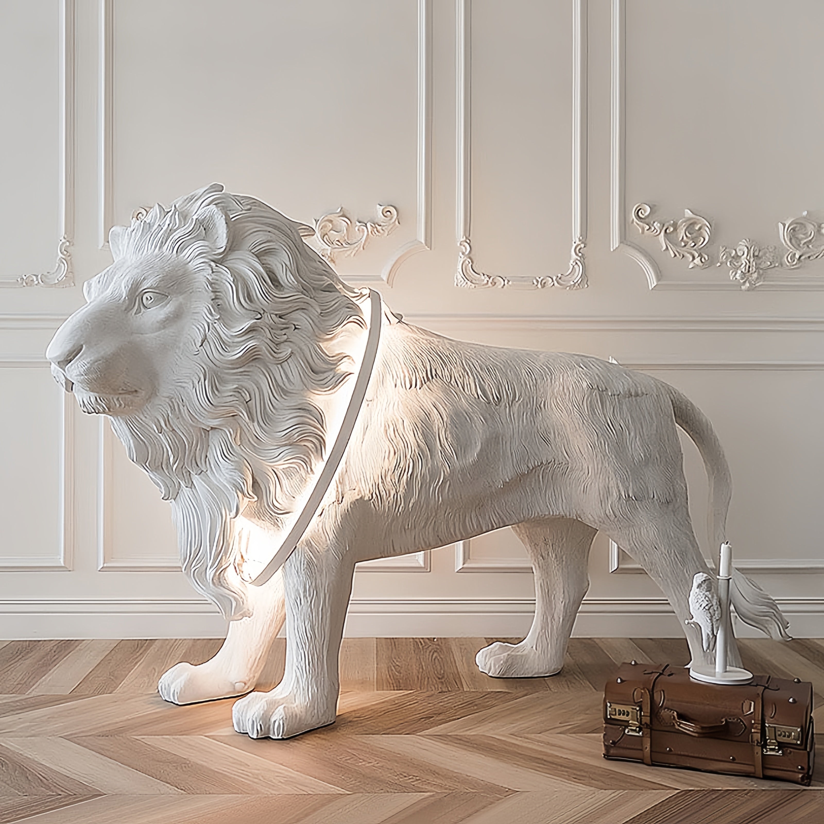 White Lion Sculpture With Led Novelty Floor Lamp